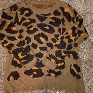 Wild Patterned Crew Neck Sweater - Brown and Black